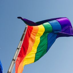 Regenbogenfahne, am Rand angeschnitten die EU-Fahne