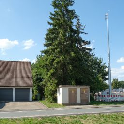 Sirenenanlage in wenigen Meter Abstand zu einem Wohngebäude. Dazwischen ein Trafohäuschen und eine Tanne. Im Hintergrund blauer Himmel.